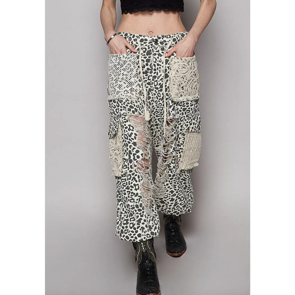 POL Leopard Patchwork Pants Crochet Lace Boho Cot… - image 1